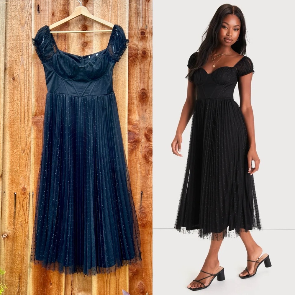 Lulus Black Mesh Swiss Dot Puff Sleeve Bustier Midi Dress
